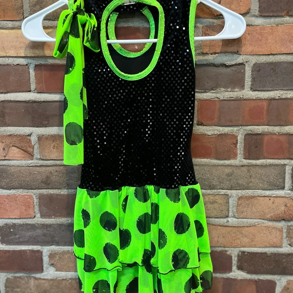 Halloween costume, lime green and black sequins, size 8-10